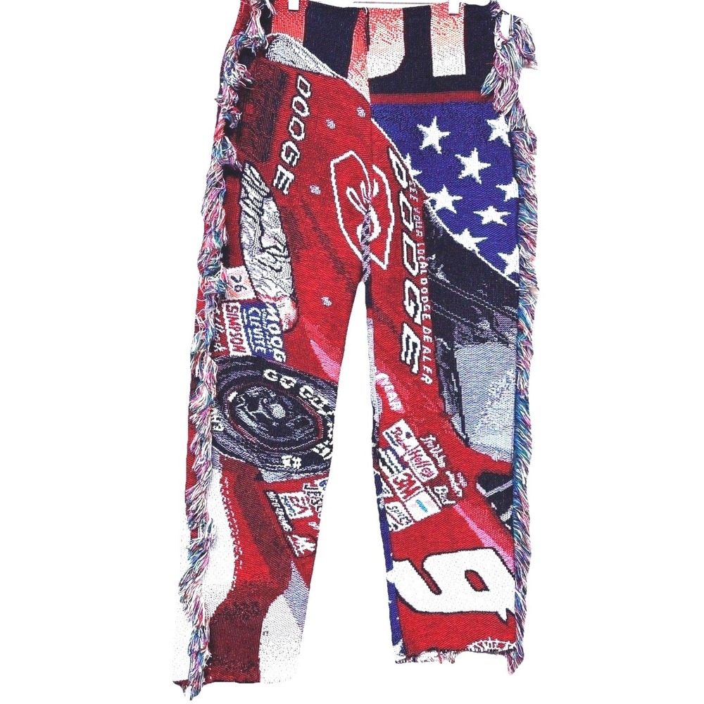 Custom Dodge Racing Tapestry Pants NASCAR Blanket Fringe Upcycled Patchwork Rare